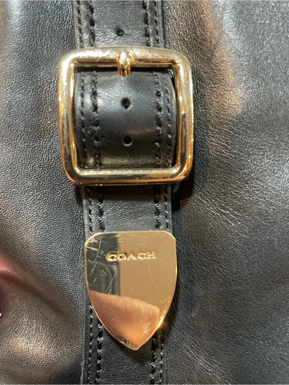 Coach Easton Black Calf Leather Tall Riding Boots Sz 9 Gold Accented Logo Buckle